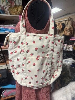 Cream Strawberry Print Tote Bag - Women